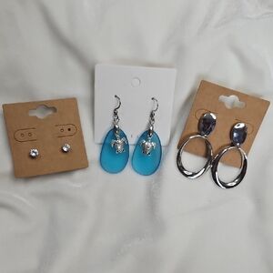 Lot of 3 Pairs Pierced Earrings Studs Dangle Faux Blue Sea Glass Turtle Silver